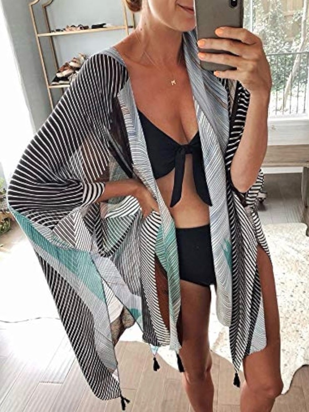 NWT Moss Rose Women's Beach Cover up Kimono with Boho Geometric Print, OS